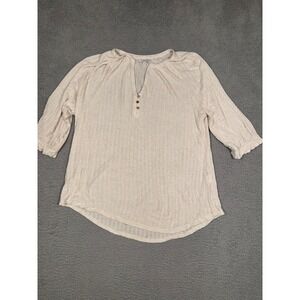 Lucky Brand Womens Button Up Henley Top Medium Beige Waffle Knit 3/4 Sleeve